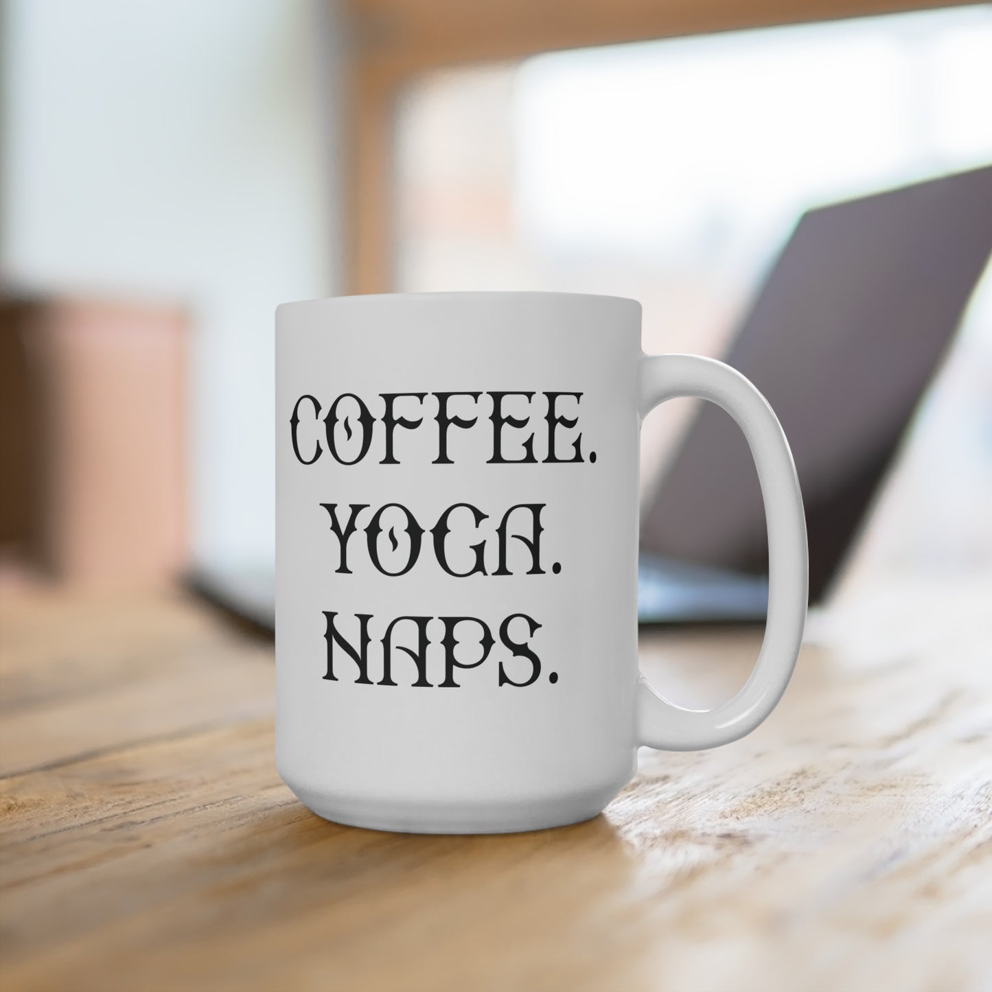 Coffee Yoga Naps Mug | 15oz Ceramic Coffee Mug, Minimal Text Design