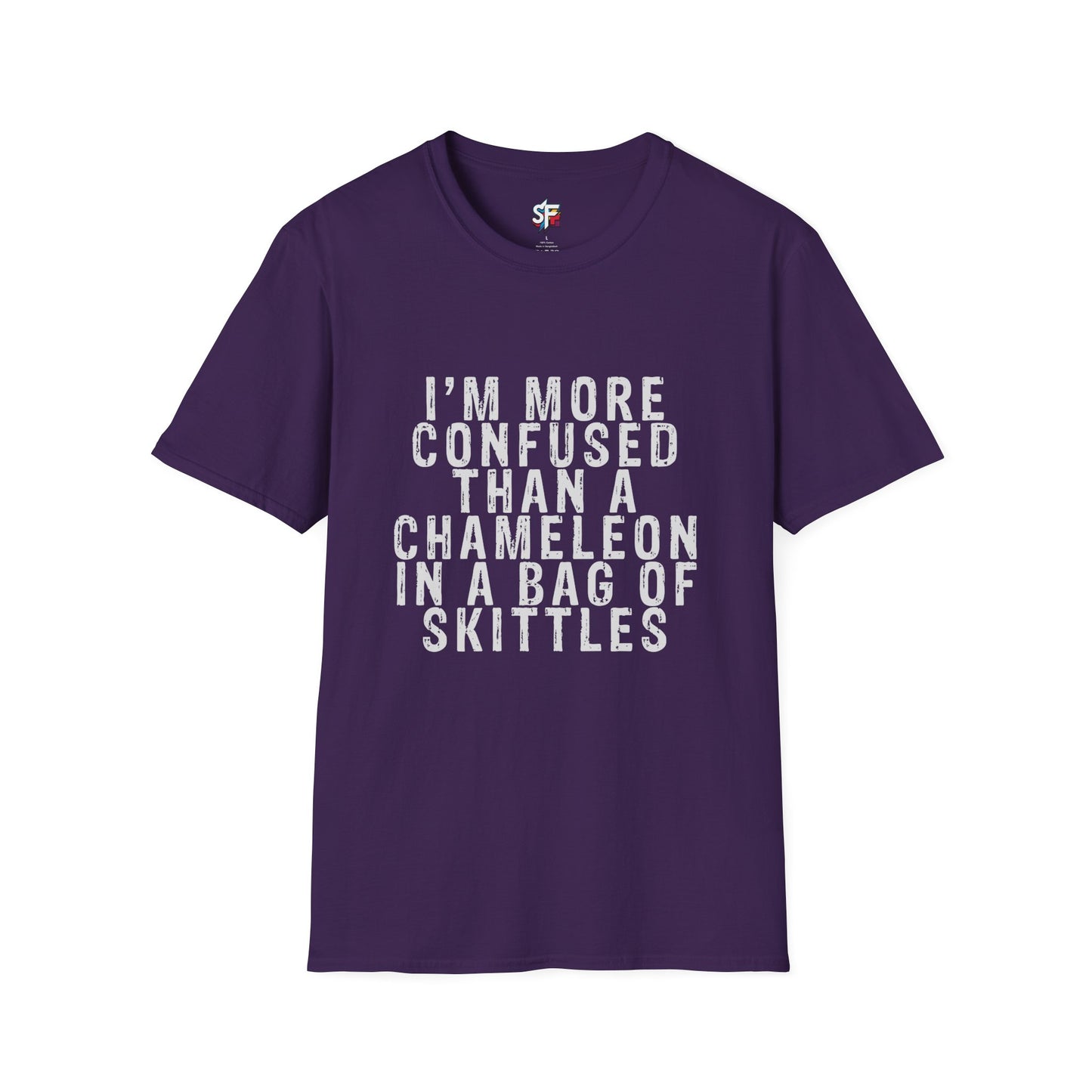 More Confused Than a Chameleon in a Bag of Skittles T-Shirt | Funny Sarcastic Quote