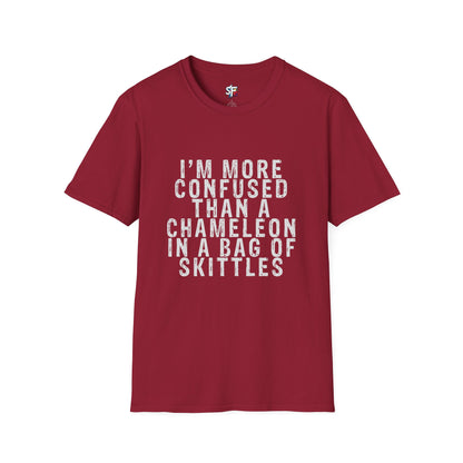 More Confused Than a Chameleon in a Bag of Skittles T-Shirt | Funny Sarcastic Quote